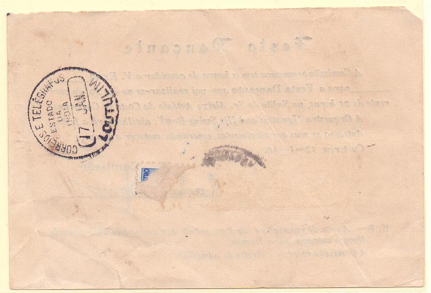 1560 f.jpg -     Lote:    1560 (frente)            Índia       Descrição:         Carimbos circulares. Impresso circulado em Loutulim com carimbo batido a preto "CORREIOS E TELEGRAFOS / ESTADO DA ÍNDIA / LOUTOLIM".        DOC       Valor Base:     &euro; 8,00     Valor Venda:     Retirado     